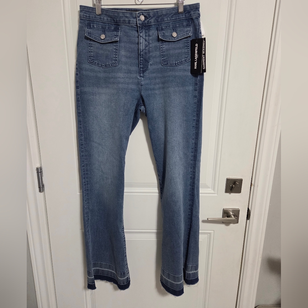 NWT - Karl Lagerfeld Paris Women's Flare-Leg Jeans With Crystal Buttons - US 10